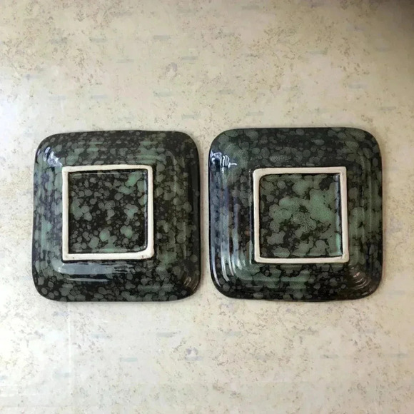 Set of 2 Square Spotted Ceramic Dish,Vintage Browns And Greens - Picture 2 of 4